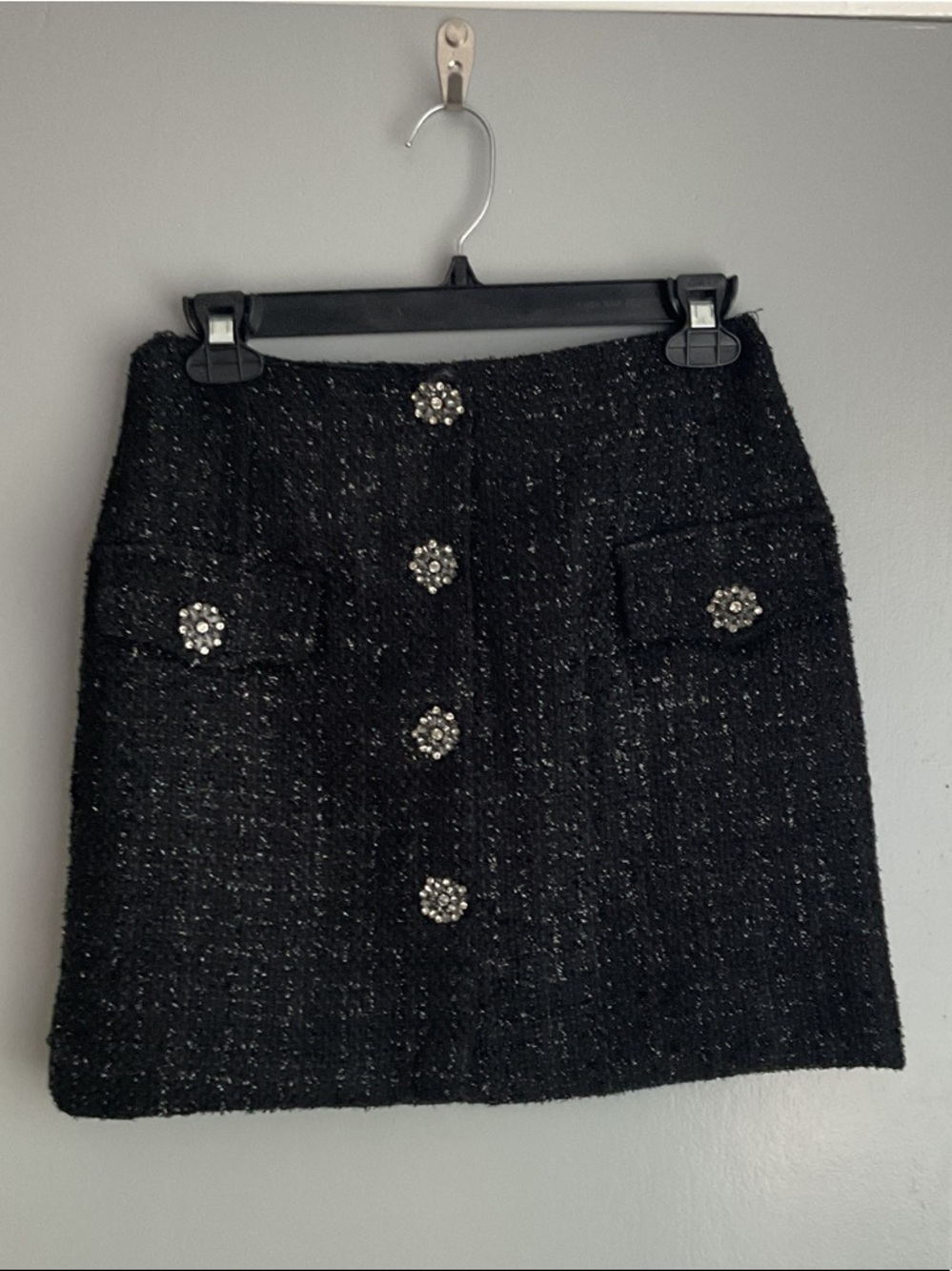 Women's Black Tweed Mini Skirt with Crystal Button Accents